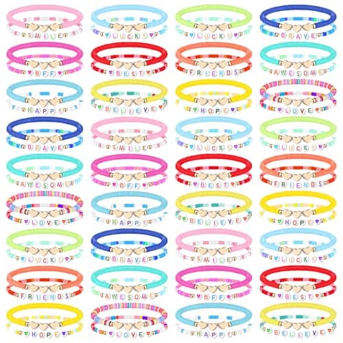 Landical 72 Pcs Friendship Bracelets Bulk for Woman Adjustable Colorful Beaded Bracelets Colorful Letter Beads Bracelets Friends Surfer Beaded Bracelets for WomenElastic Bead Style