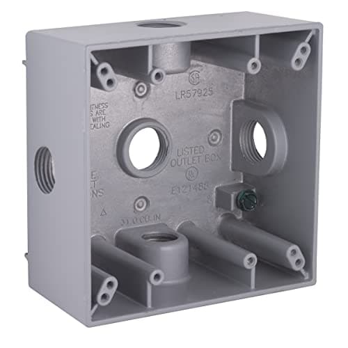 2-Gang Weatherproof Box, Five 1/2 in. Threaded Outlets, Gray