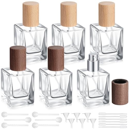 Teenyyou 6 Pack 30/50 ml Empty Glass Perfume Bottles Bulk Refillable Atomizer Cologne Bottles DIY Perfume Making Supplies Vintage Fragrance Packaging Glass (30 ml,Beech Wood Lid)