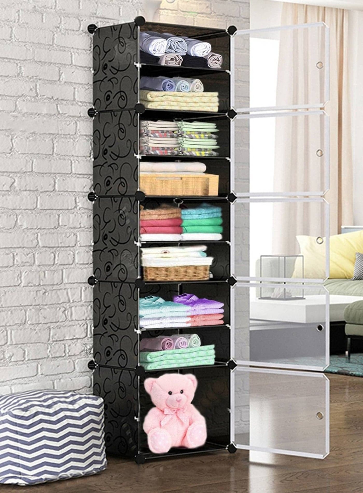 Zemic Multipurpose Portable Baby Wardrobe Organizer, Foldable, Collapsible DIY Plastic Wardrobe Organizer for Clothes (DIY Plastic) Black, 10 Shelve 5 Door, Pack of 1