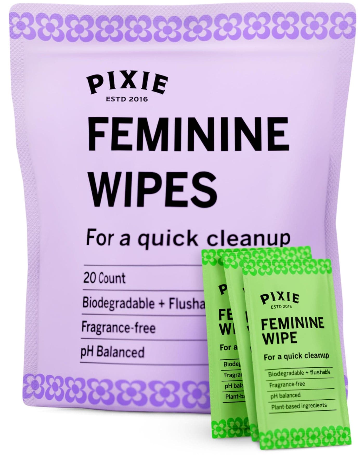 Pixie Menstrual Cup Wipes - Flushable, Biodegradable, & Ph Balanced - Best Individually Wrapped Packet Wipes for On The Go & Public Bathrooms - Wash, & Cleaner For Your Period Cups & Discs (30 Count)