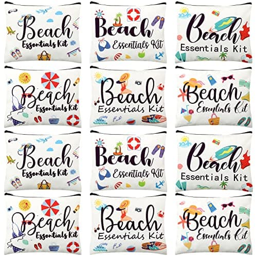 Chunful 12 Pcs Makeup Bag Summer Themes Cosmetic Bag Bulk Portable Essentials Kit Survival Kit Flamingo Palm Leaves Cosmetic Pouch with Zipper for Women Travel AccessoriesBeach