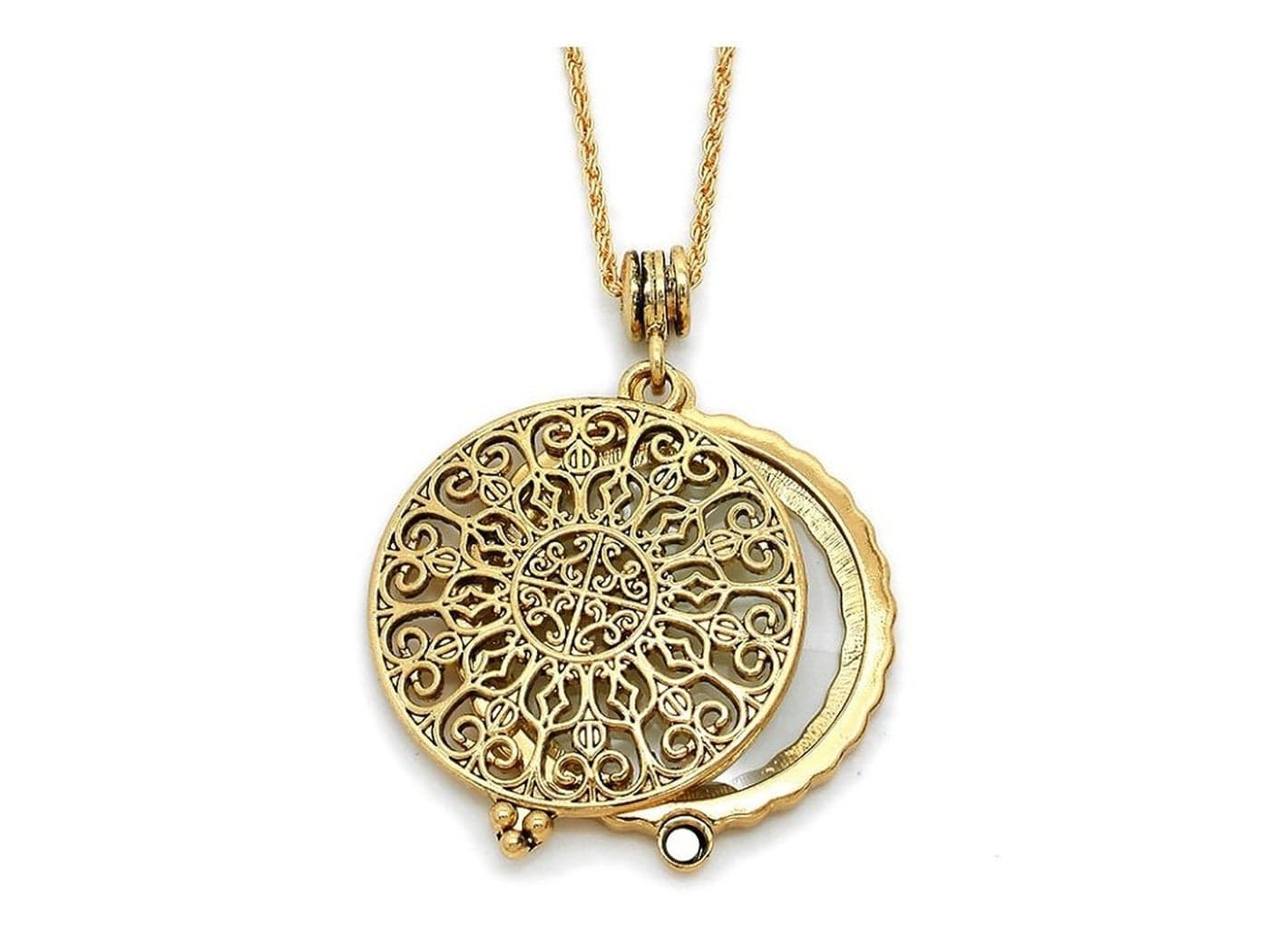 Artisan Owl Ornate Filigree 4X Magnifier Magnifying Glass Sliding Top Magnet Pendant Necklace, 30" (Gold Tone)