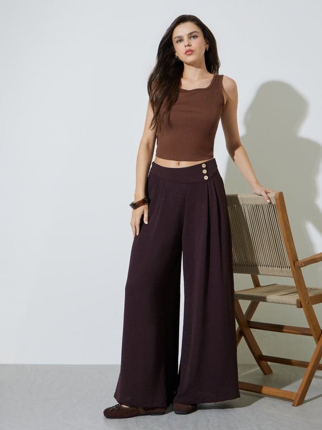 Styli Brown Fold-Pleat Detail Wide Leg Pants