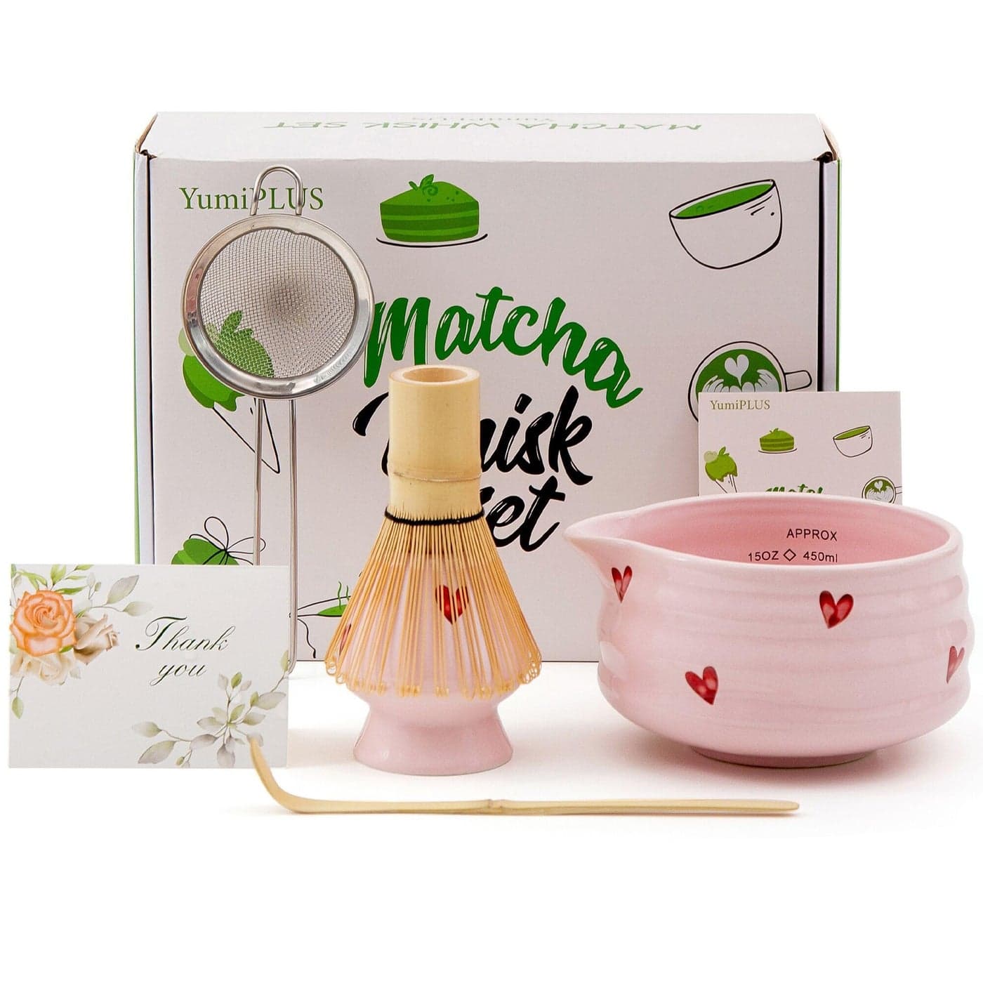 YumiPLUS 5pcs Premium Matcha SetCeramic Bowl with Spout and Bamboo Whisk set Ceremonical Matcha Kit for breakfastlatteTea Starter Making KitUnique Matcha Gift set pink love