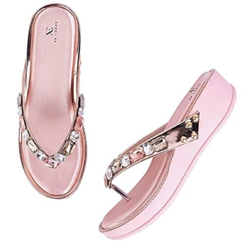 XE Looks Women’s Pearl Wedge Slippers | Embellished Design Slip-On Sandals for Girls | Cushioned Footbed & Anti-Skid Sole Stylish Platform Heels for Casual Wear and Wedding (Peach)