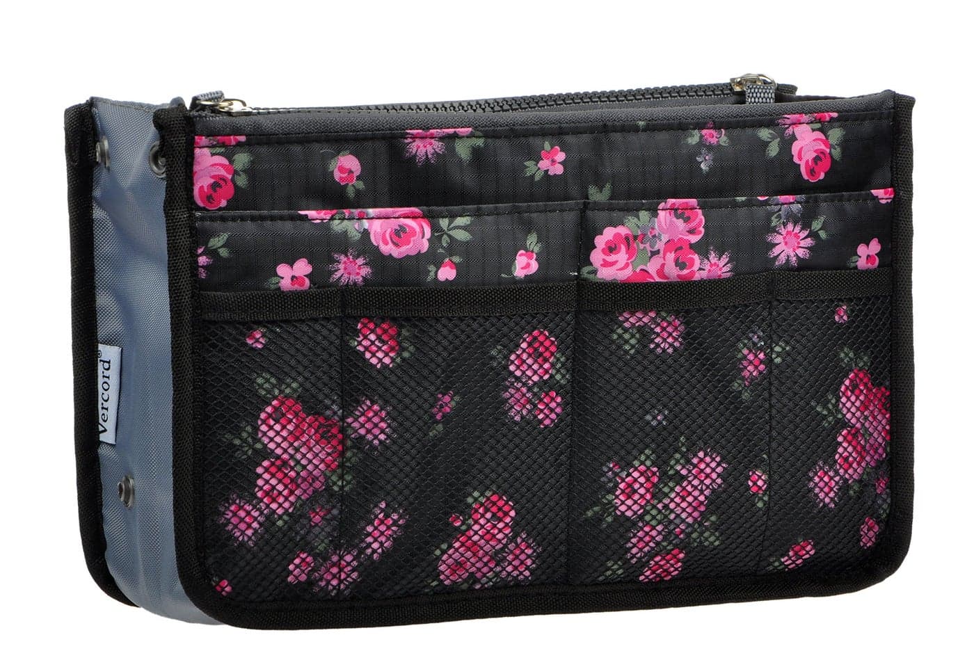 Vercord Purse Organizer Insert for Handbags Bag Organizers Inside Tote Pocketbook Women Nurse Nylon 13 Pockets Black Red Flower Small