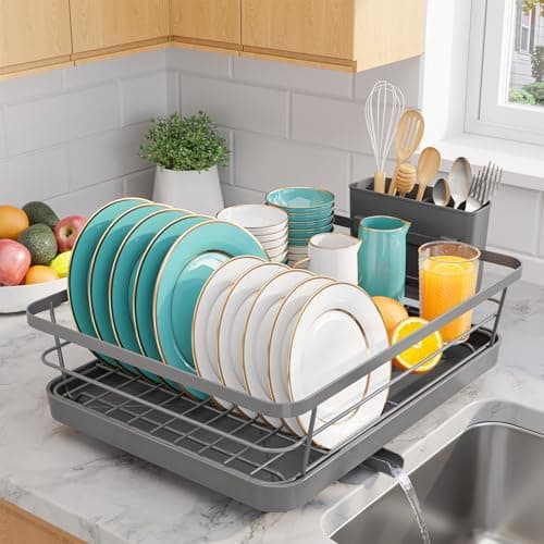 Sakugi Stainless Steel Dish Drying Rack for Kitchen Counter, Sink Organization and Storage Essentials with Silverware & Utensil Holder, Home and Apartment Decor, 12''W x 15.6''L, Gray