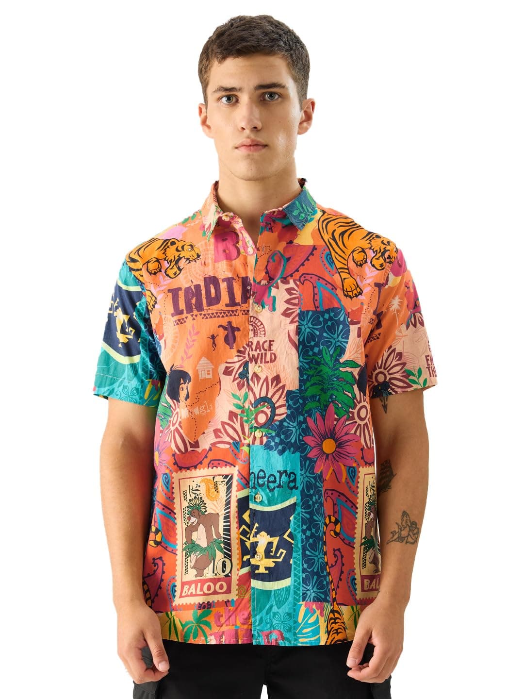 The Souled Store Official Jungle Book: Indie Print Short Sleeve Collared Button Down Regular Fit Cotton Summer Shirts for Men & Boys Multicolour