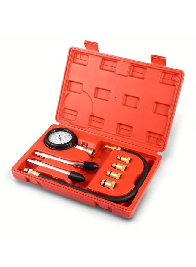 Red 8pcs Compression Tester Set with Spark Plug Tester for Car and Motorcycle Engine