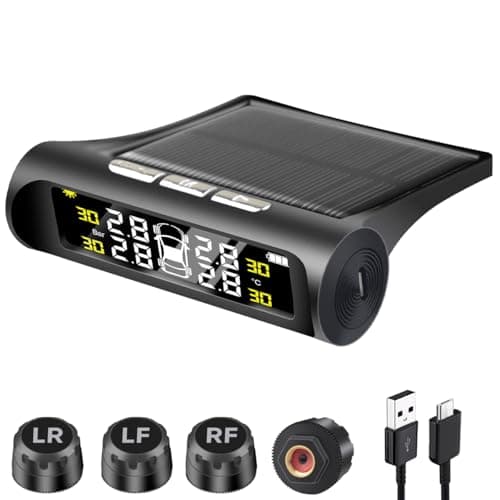 Tire Pressure Monitoring System Tire Pressure Monitor with Solar and USB Charge TPMS with 4 Sensors 6 Alarm Modes Real Time Pressure and Temperature Auto Safety Monitor for Truck Rv Trailer Car