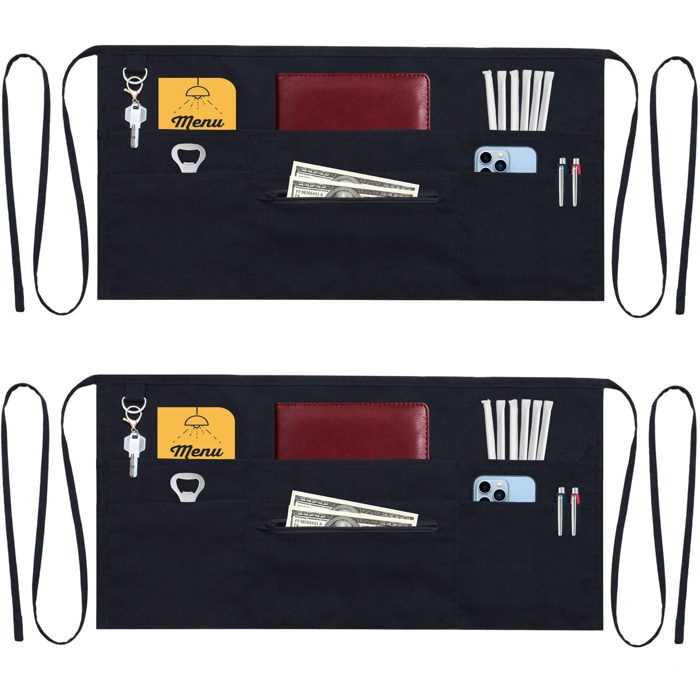 TEXVIDA 7 Pockets Server Aprons with Zipper Pocket 2 Pack Commercial Grade Aprons for Women Men Waiter Waitress Waist Half Apron Black 24x12