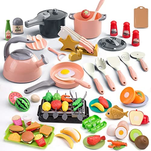 Zero Zoo 105Pcs Kids Kitchen Toy Accessories Toddler Pretend BBQ Camping Cooking Playset Play Pots Pans Utensils Cookware Toys Play Food Set Vegetables Learning Gift for Girls Boys