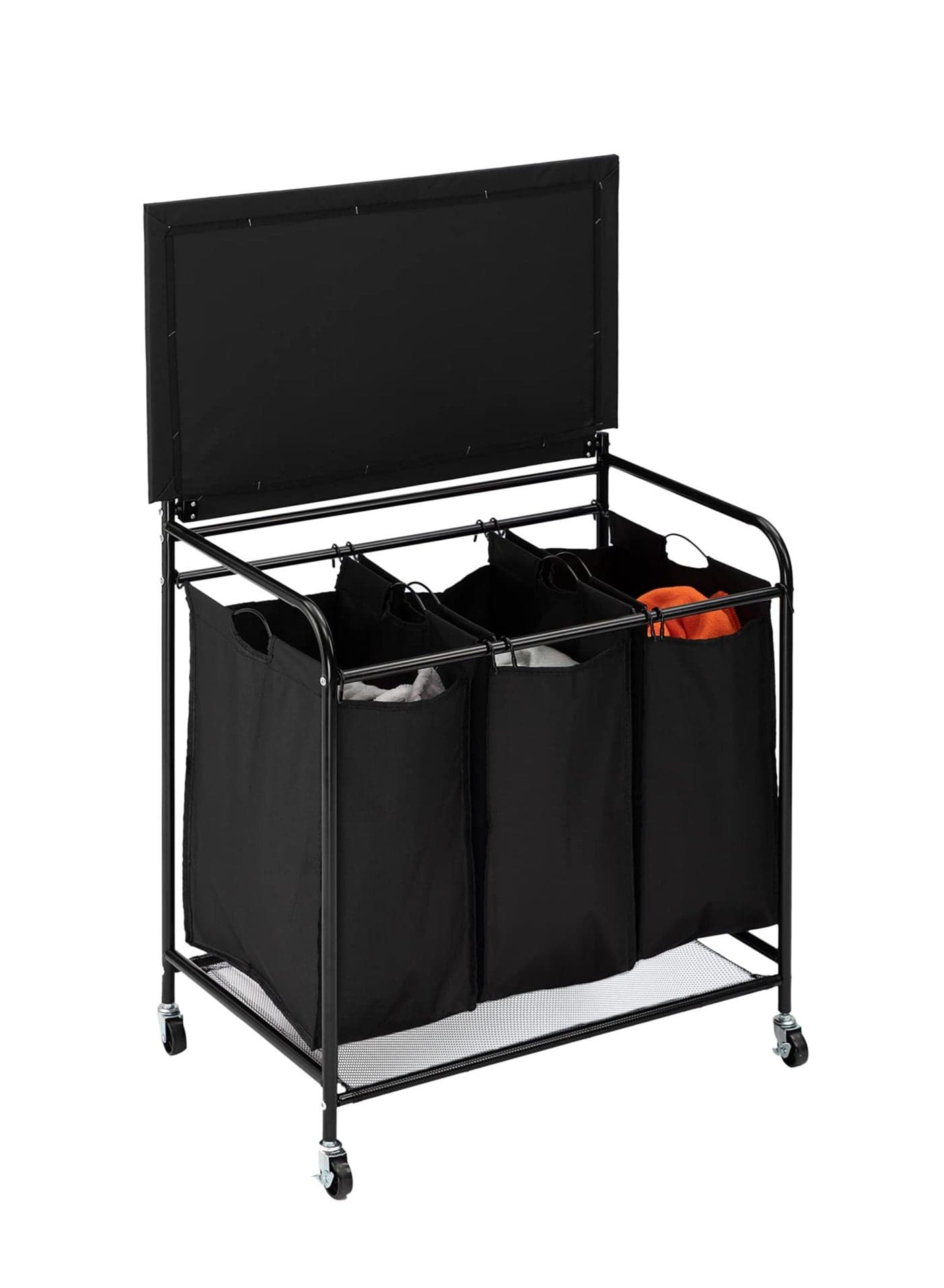 Laundry Sorter Hamper with Foldable Ironing Board, 3 Section Rolling Laundry Cart with Removable Bags, Lockable Wheels, Metal Frame and Bottom Shelf for Bedroom, Bathroom and Laundry Room