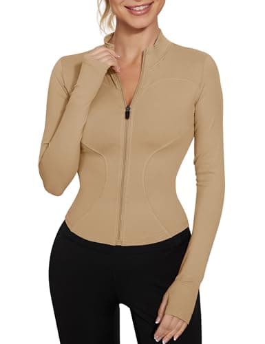 LUYAA BBL Jacket Running Zip Up Jackets for Women Long Sleeve Workout Tops Slim Fitted Fall Fashion Clothes Cream Coffee S