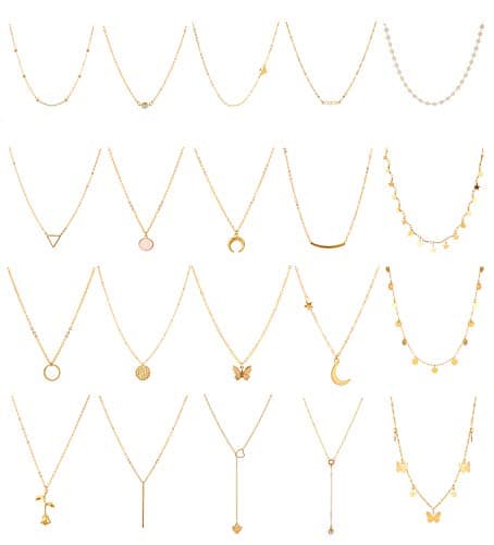 Honsny 20PCS 14K Gold Plated Choker Necklaces for Women, Dainty Gold Diamond Coin Pearl Pendant Simple Chain Necklace Set Cute Gold Layered Necklaces for Women Teen Jewelry Gifts