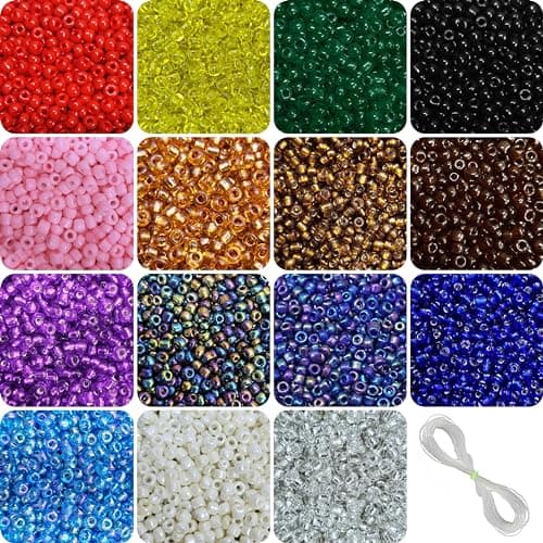 INDIKONB 7500 Multicolour Seed Beads Set - 8/0 Size (Bead Size 3mm), Bright Assortment, 15 Colors, Small Glass Beads