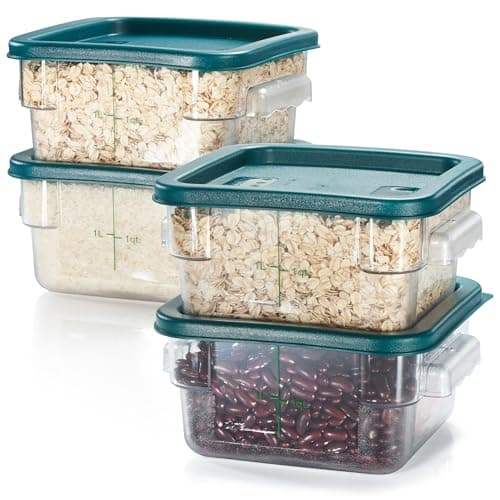 CURTA 4 Pack Food Storage Container with Green Lid - NSF Listed Commercial Grade in 2.0 Qt - Square, Clear, Polycarbonate