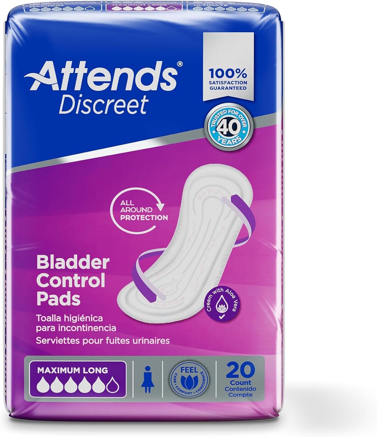 Attends Discreet Bladder Control Pads Maximum Long Womens Incontinence Liner Pad ADPMAL 20 Count