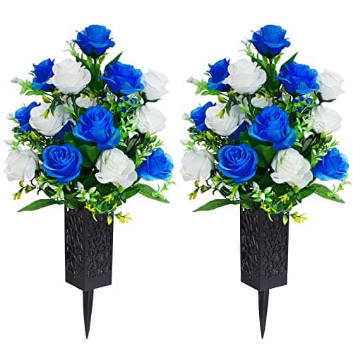 LVXINLI 2 Sets Artificial Cemetery Flowers,Memorial Flowers,Beautiful Arrangements for Headstones,Black Plastic vase with Drainage Hole Long Spikes Outdoor Memorials(Dark Blue)…