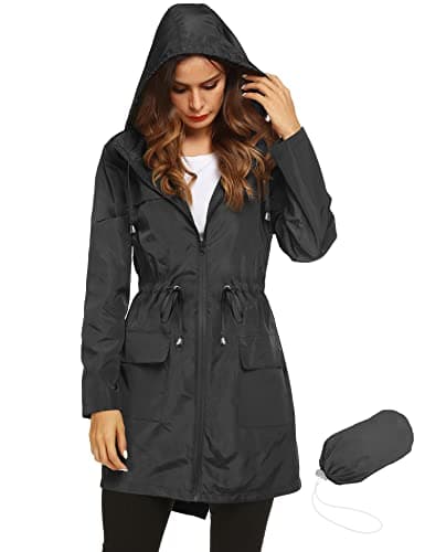 LOMON Womens Lightweight Waterproof Rain Jacket Active Outdoor Hooded Raincoat with Drawstring Belt Black M