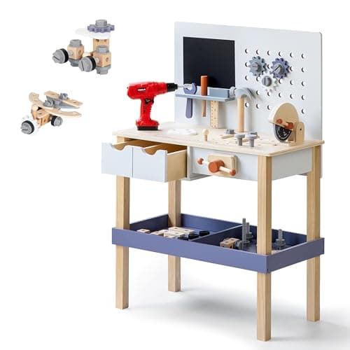 Wooden Kids Tool Bench with Electric Drill Toddler Tool Bench with Storage Drawers and Platform Toy Workbench Workshop with Play Tools Set for Boys and Girls Perfect for Ages 3