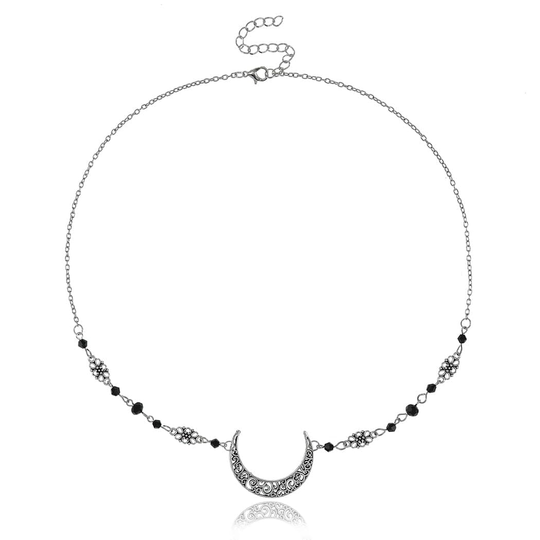 Yalice Boho Crescent Moon Head Chain Vintage Black Crystal Headband Chain Rhinestone Headpieces Witchy Forehead Chain for Women (Silver-Black, One Size)