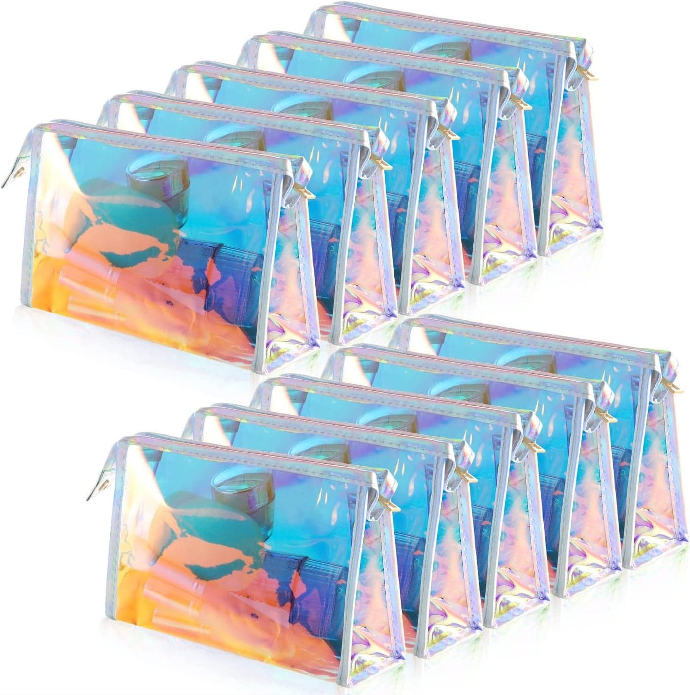 BESARME 10 Pcs Holographic Makeup Bags Bulk, Stocking Stuffers for Women Clear Iridescent Makeup Bag Portable Zippered Waterproof Toiletry Cosmetic Bags Christmas Gifts for Women