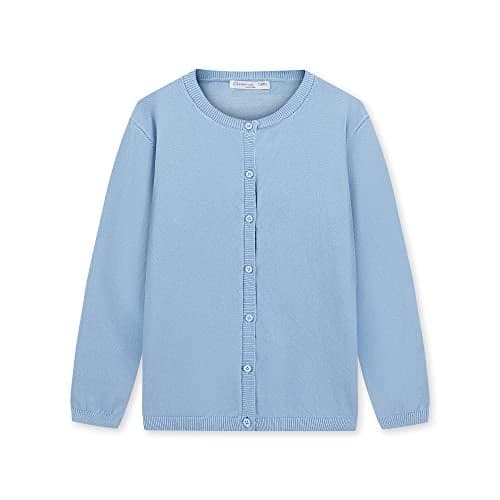 CUNYI Girl's Crewneck Lightweight Button-up Cardigan Cotton Knit Sweater Casual Cute Outerwear, Blue, 140