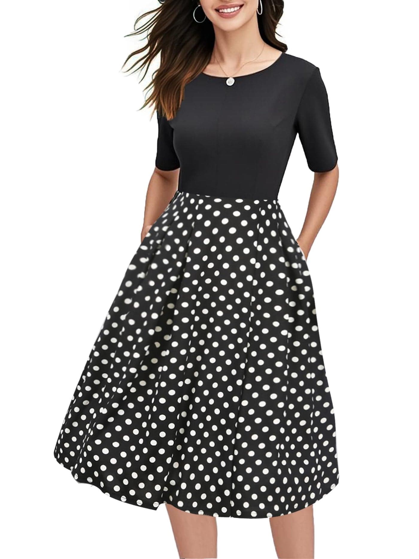 oxiuly Women's Vintage Patchwork Pockets Puffy Swing Casual Party Work Dress OX165 (Black, L)
