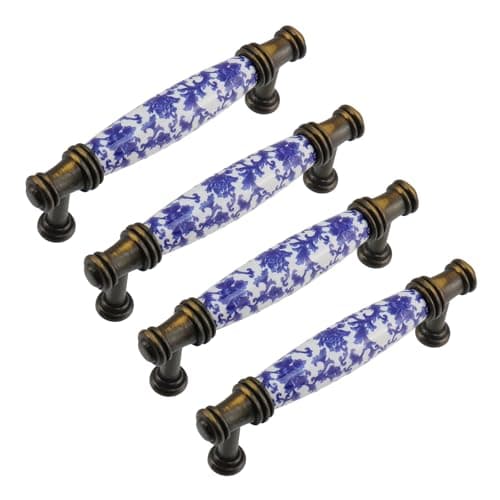 Mcredy Kitchen Cabinet Handles 378 Hole Center Porcelain Ceramic Drawer Pulls Dresser Knobs with Screws for Cabinets Drawer 4 Packs