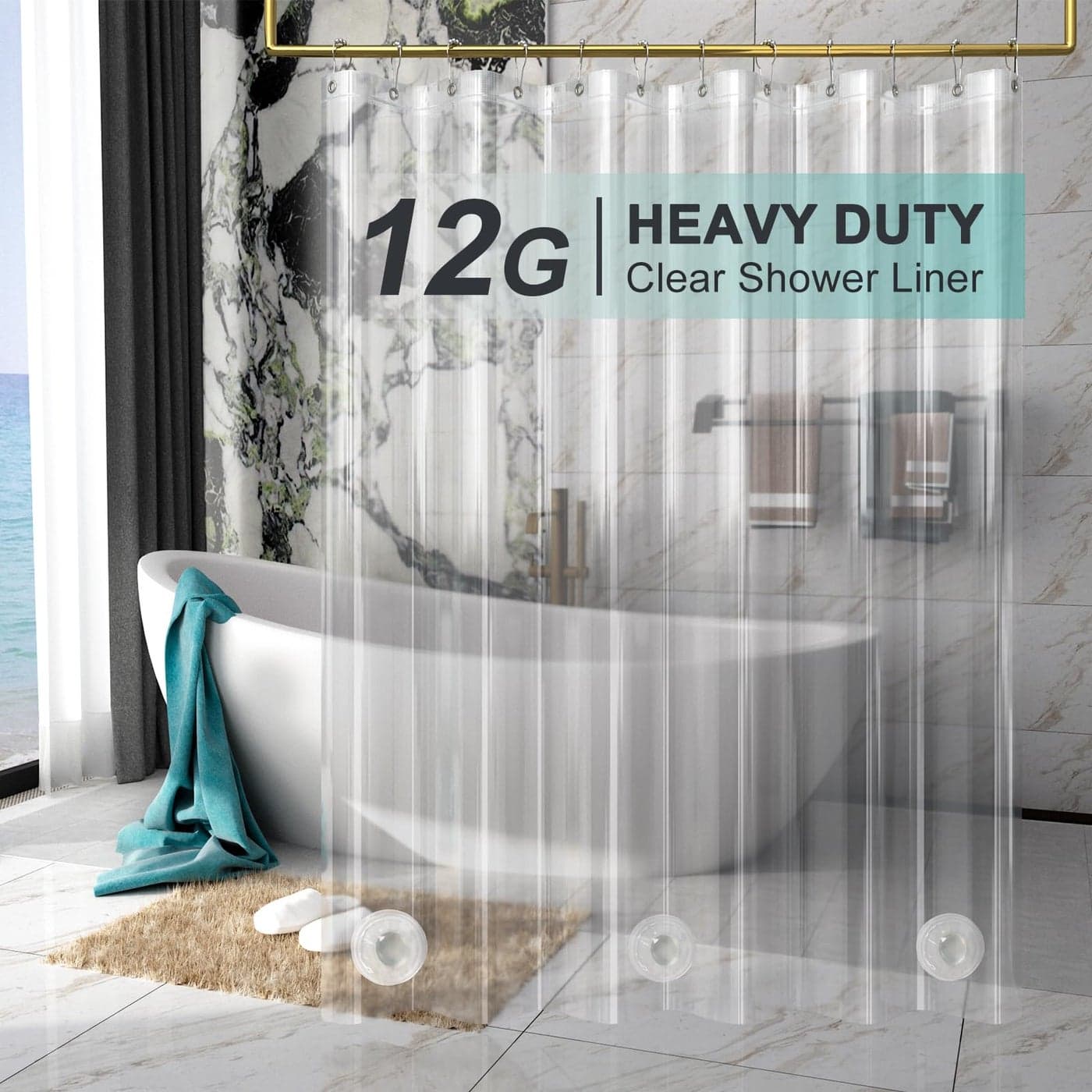 AmazerBath Heavy Duty Shower Curtain Liner 12 Gauge 72 x 72 Inches Clear Shower Curtain Liner with 3 Clear Stones and 12 Grommet Holes Weighted Plastic Shower Liner