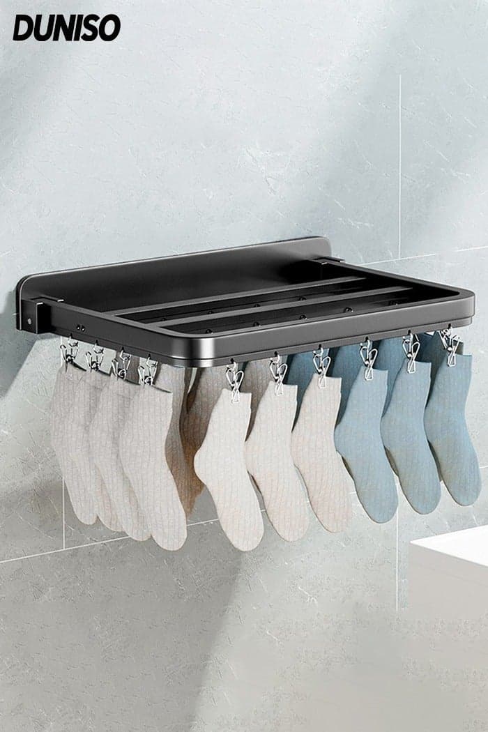 Wall Mounted Clothes Hanger,Foldable Clothes Drying Rack with 26 clips,Laundry Drying Rack,Sturdy and Durable,No Punching Required,Used for Socks, Towels, Underwear, Clothing, Pants