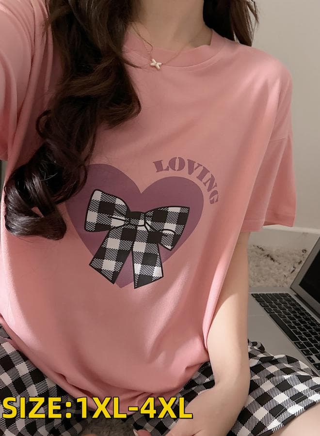 Plus Size Heart Print Checked T-Shirt and Shorts Set