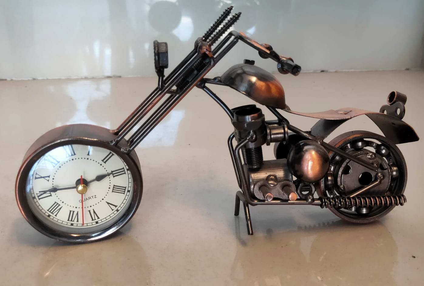 Qwick Click Metal Handmade Royal Look Showpiece Motor Bike with Clock Decorative VintageShape 28 cm