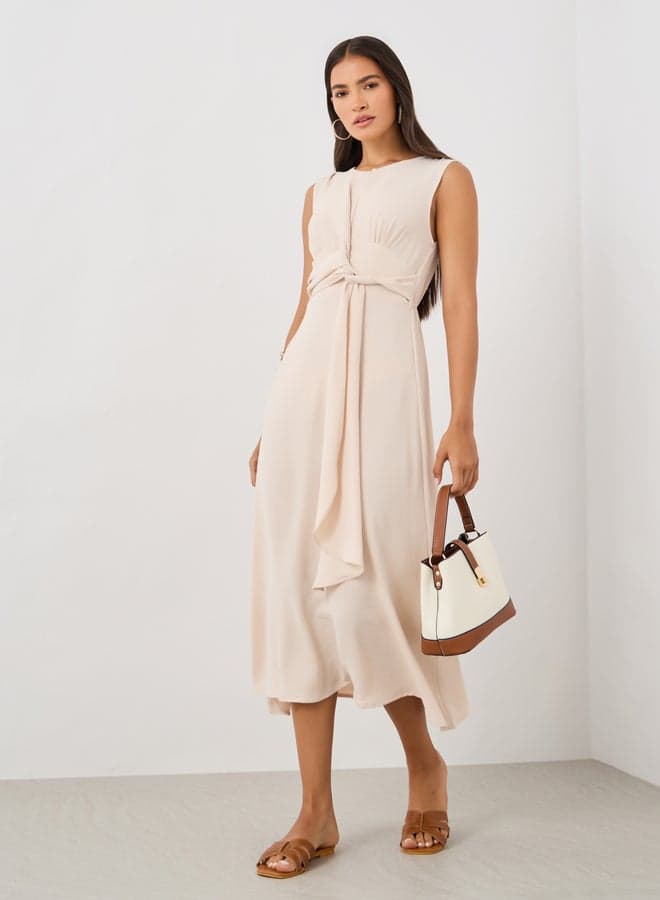Tie Front Detail Sleeveless A-Line Midi Dress