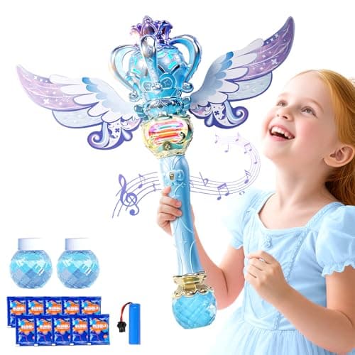 Uregoio Princess Bubble Wands Machine for Kids with Rotating Design Outdoor Bubble Maker Toys for Kids Ages 48 Rechargeable Light Up Music Fairy Wands Party Birthday for 3 Year Old GirlsBlue