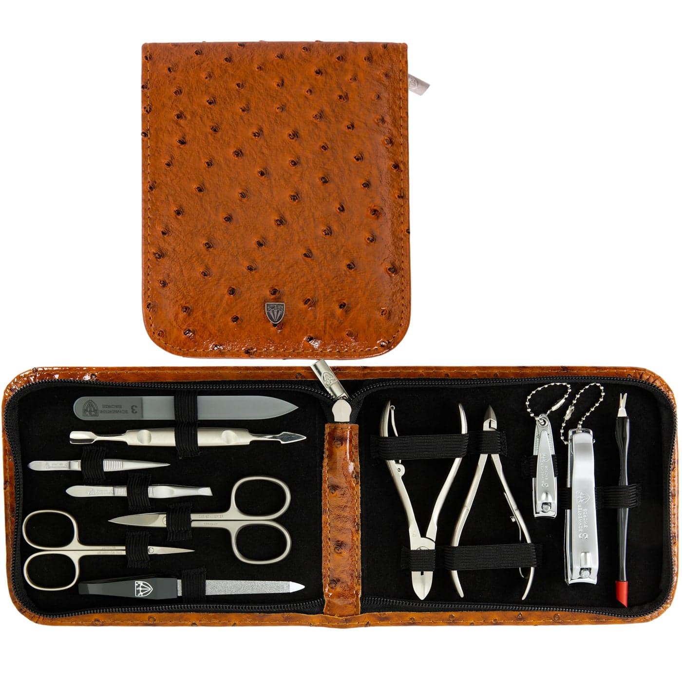 3 Swords Germany brand quality 12 piece manicure pedicure grooming kit set for professional finger toe nail care with cognac synthetic leather case Made in Germany