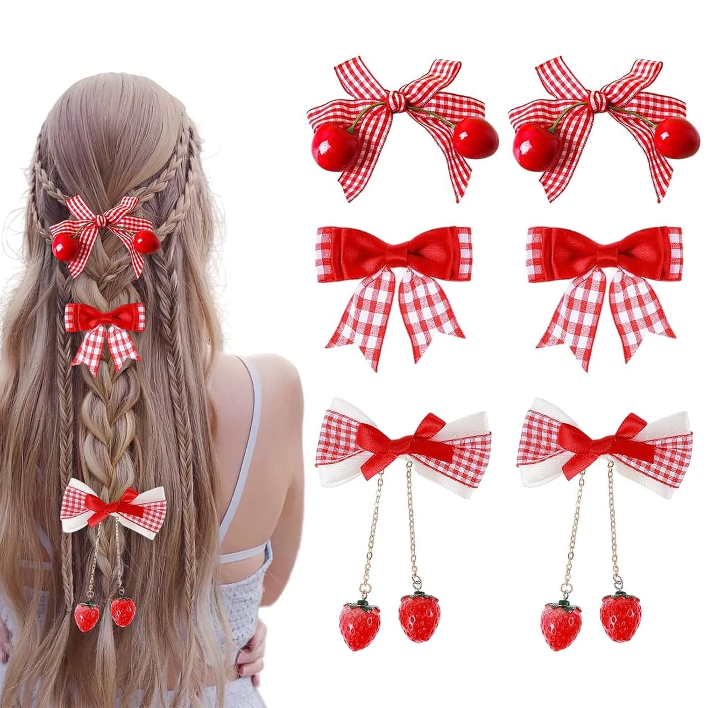 6 Pcs Strawberry Cherry Bow Hair Clips Red White Plaid Ribbon Bowknot Decor Alligator Hair Barrettes Cute Kawaii Christmas Hairpins Hair Accessories for Women Girls