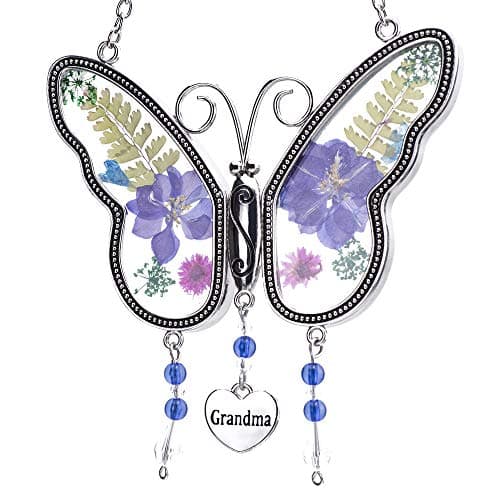 Laraine Butterfly Suncatcher with Pressed Colourful Flower Wings Mom Mother's Day Butterfly Glass Wind Chime Ornament Charm with Metal Heart Gifts for Mom Grandma Birthday (Purple Grandma)
