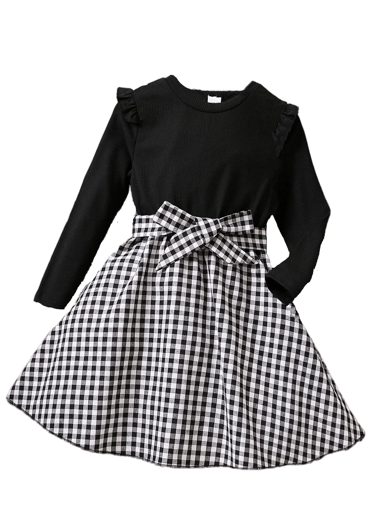 TAGAS Baby Gingham Print Belted Dress Round Neck Full Sleeve Dress for Girls, Party Dress for Girls (KD-321) (7-8 Years, Black)