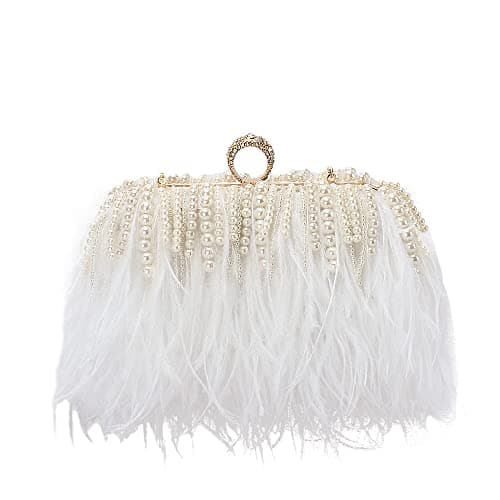 Women Real Natural Ostrich Feather Evening Bags Purses Clutch Vintage Banquet Handbag (white with pearl)