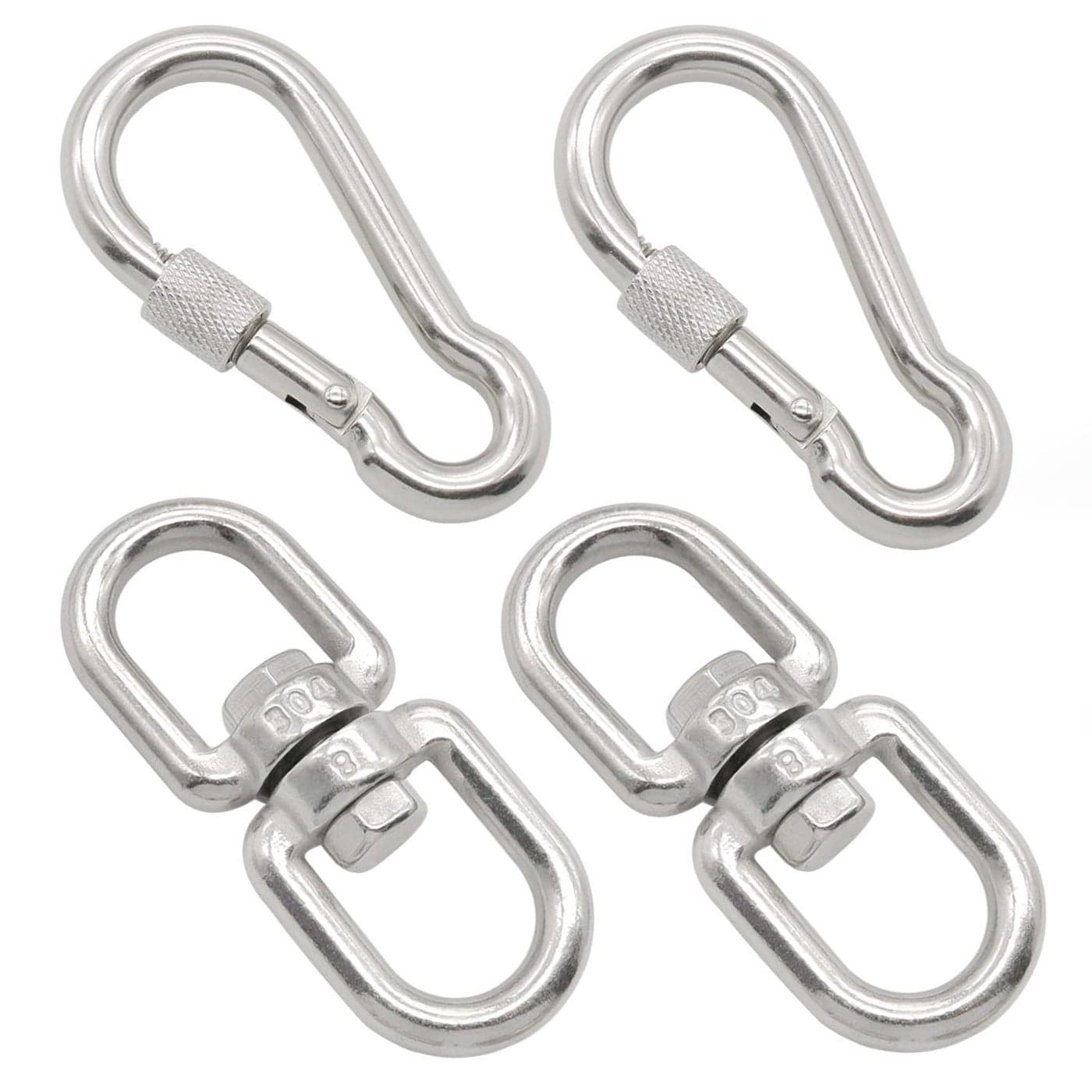 Hamineler 2Pcs M8 304-Stainless Steel Swivel Ring Double Ended Swivel Eye Hook, 2Pcs M8 Spring Hook, for Marine Mooring, Tree Swing, Hammock, Hanging Rotating Device
