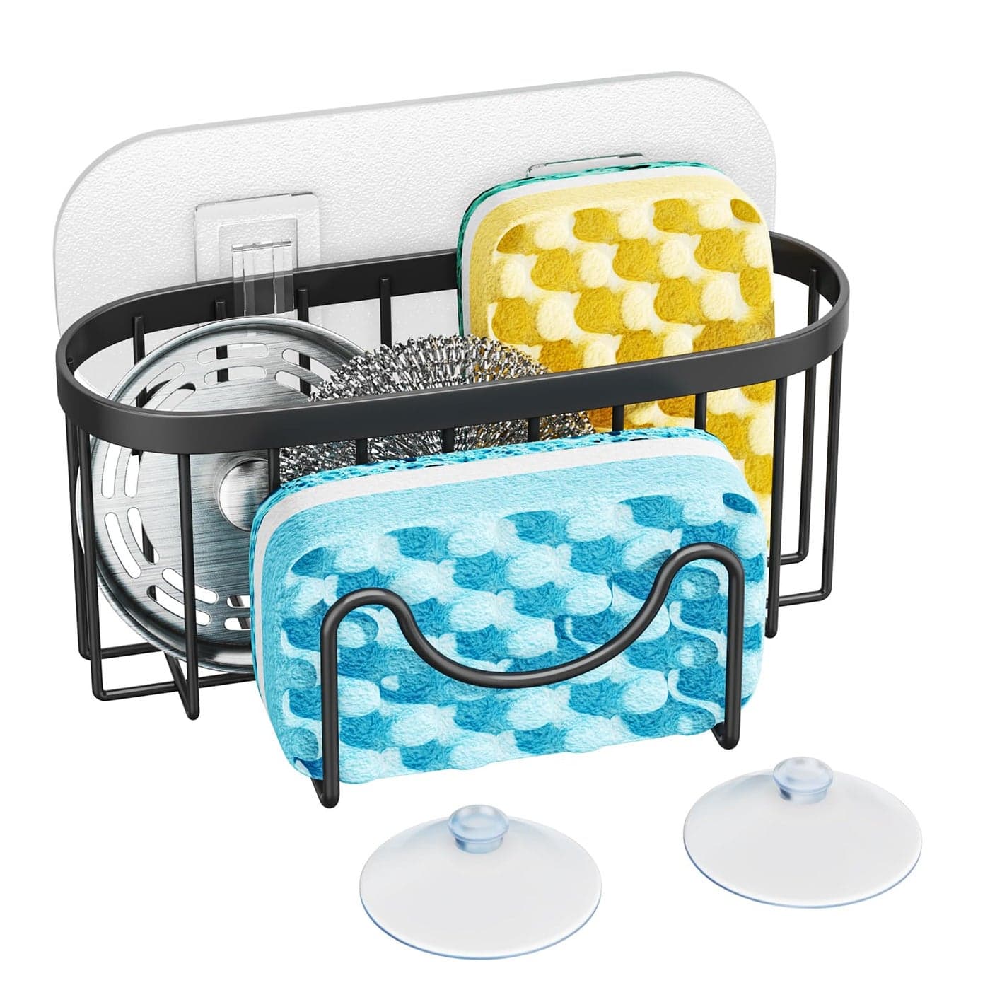 HapiRm Multifunctional Sponge Holder with Unique MShaped 2 Installation Methods Kitchen Sink Caddy Organizer Rustproof Stainless Steel Sponge Caddy for Brush Sink Stopper and Scraper Black
