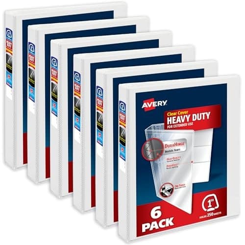 Avery HeavyDuty View 3 Ring Binders 1 Inch One Touch Slant Rings 250Sheet Capacity DuraHinge 14 Inch Wide Spine Customizable Clear Cover and Spine White Binders 6Pack of 79799