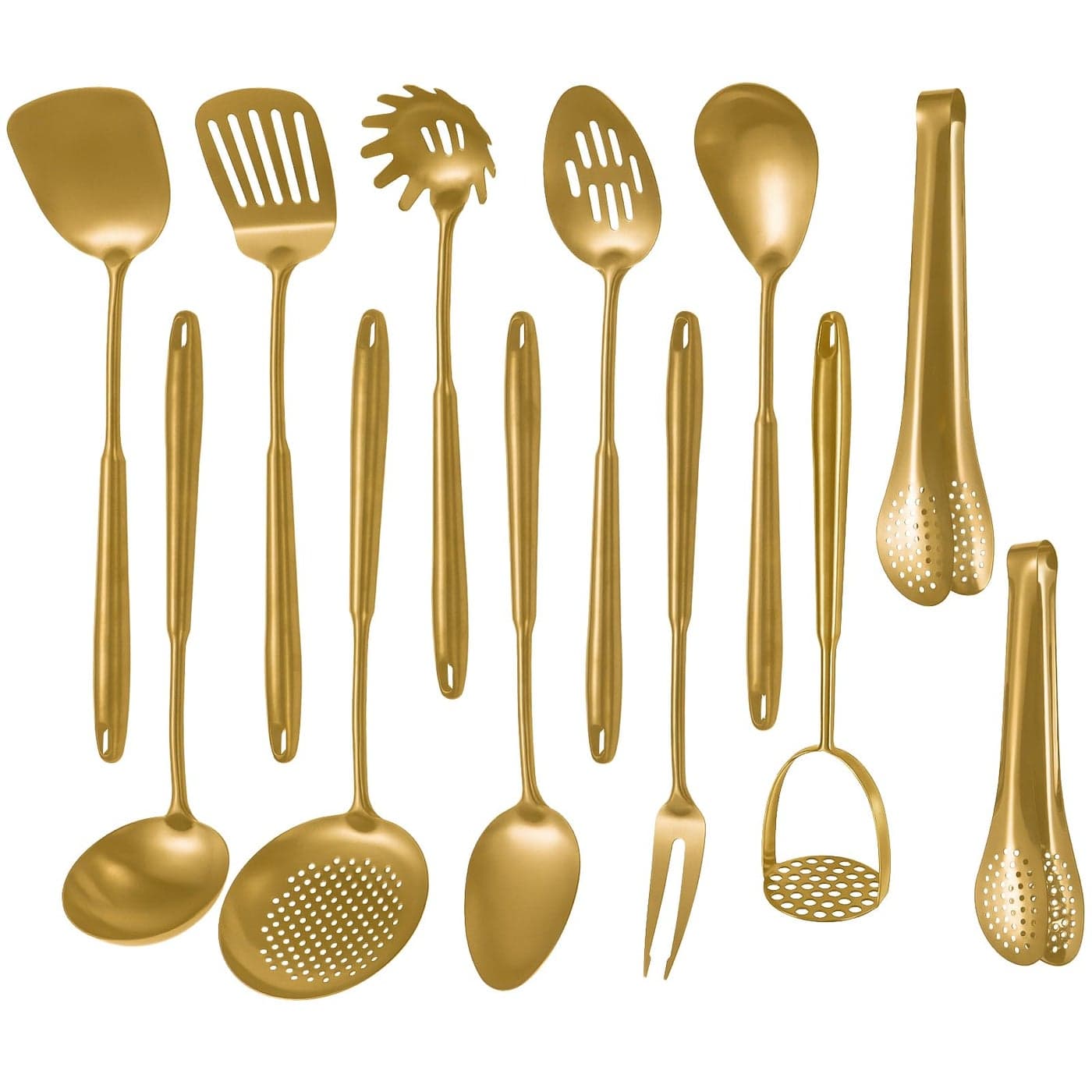 304 Stainlss Steel Matte Kitchen Utensils Set 12 Pcs Long Metal Cooking Utensil Gadgets Tools Set with Spatula Ladle Spoon Ladle Skimmer Tunner Pasta Server TongsGold Dishwasher Safe