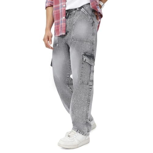 Urbano Fashion Men's Ice Grey Loose Baggy Fit Washed Cargo Jeans with 6 Pockets Non-Stretchable (jeanlscargotowl-icegrey-36)