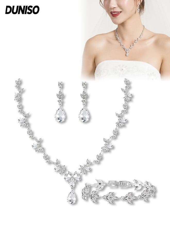 Bridal Jewelry Set,Rhinestone Silver Jewelry Set for Women,Include Rhinestone Necklace Bracelet Earrings,Suitable for Weddings,Dinners,and Gatherings