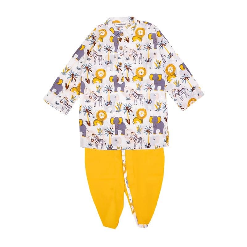 superminis Boys Dhoti Kurta Set Cotton Animal Print Full Sleeves Ethnic Wear for Kids Boys | Kurta Dhoti for Baby Boy | Traditional Dress for Festive (12-18 Months, Yellow White)