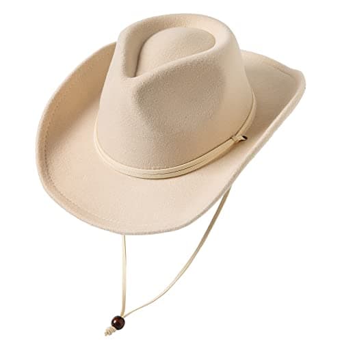 Jastore Kids Girls Boys Wide Brim Western Cowboy Cowgirl Hat with Wind Lanyard Felt Fedora Hat (Beige, 5-12 Years)